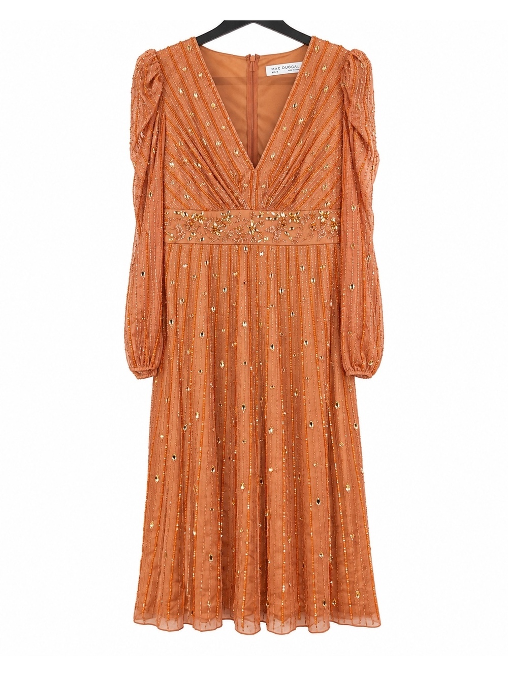 NWT Mac Duggal Embellished Long Sleeve Copper Midi Dress Size 12